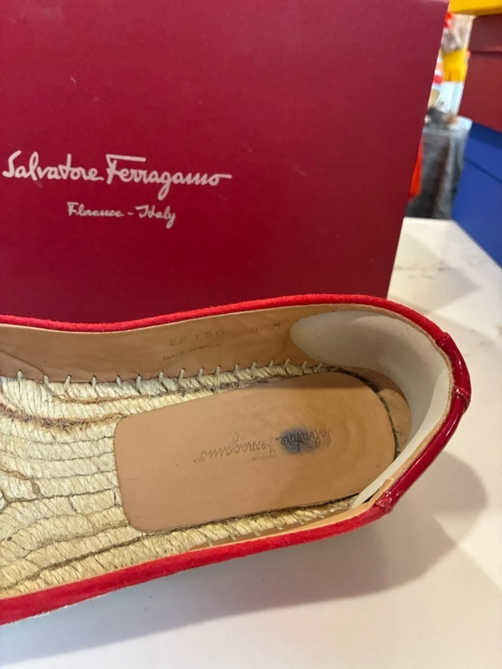 Salvatore Ferragamo red suede espadrille flats with a bow